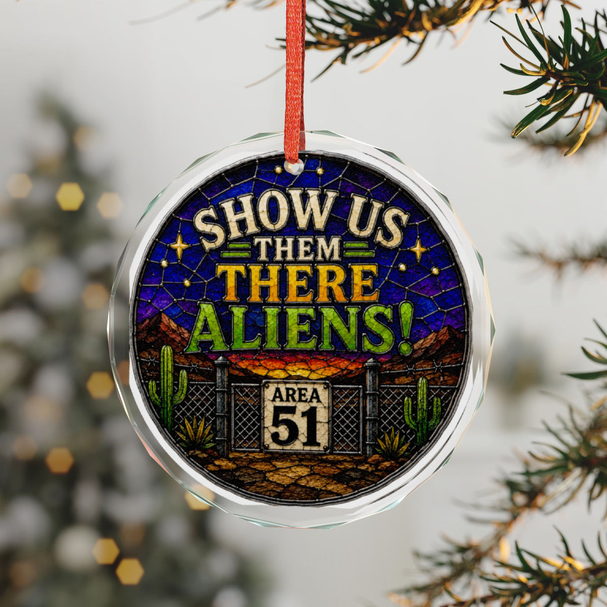 Show us the aliens Glass Ornament - Stained-Glass Style Aliens Holiday Decoration - Made with REAL GLASS