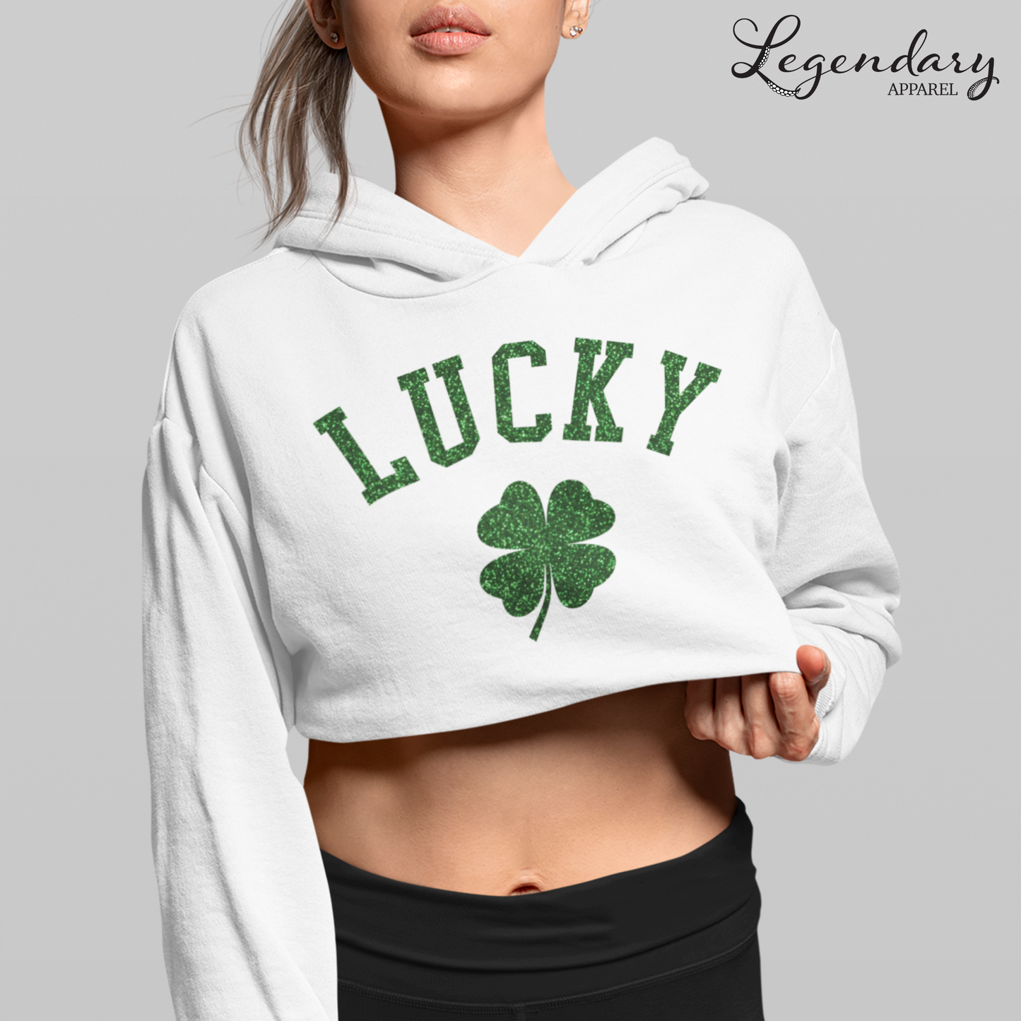 Glittery Lucky Crop Top Pullover Hoodie w/Shamrock