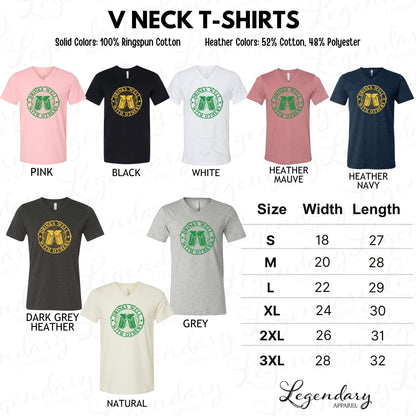 a collection of V neck t-shirts in various solid colors and heather colors, with sizes ranging from 18 to 32 inches. The t-shirts feature the text "Drinks with others" in a circular design.