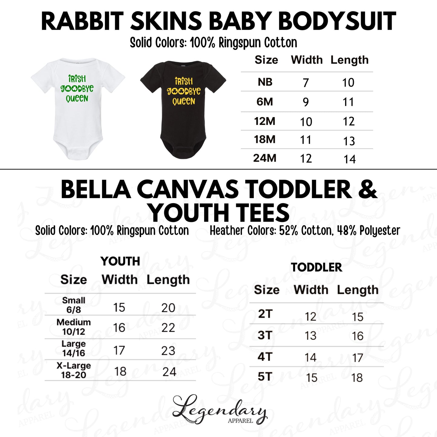 The image is a collection of baby clothing items, including a rabbit skins baby bodysuit and a toddler and youth t-shirt. The items are made of solid cotton and feature a variety of sizes and widths, catering to different age groups.