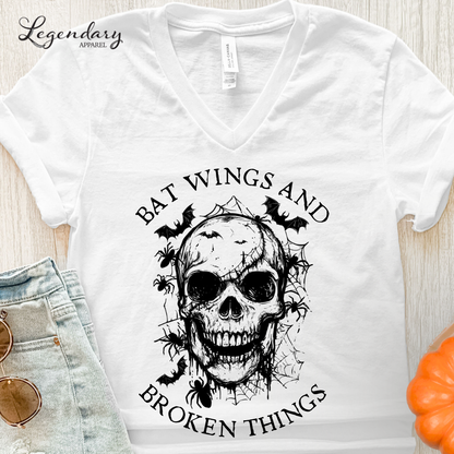 Bat Wings and Broken Things Halloween Skull V-Neck Shirt