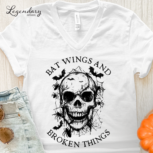 Bat Wings and Broken Things Halloween Skull V-Neck Shirt