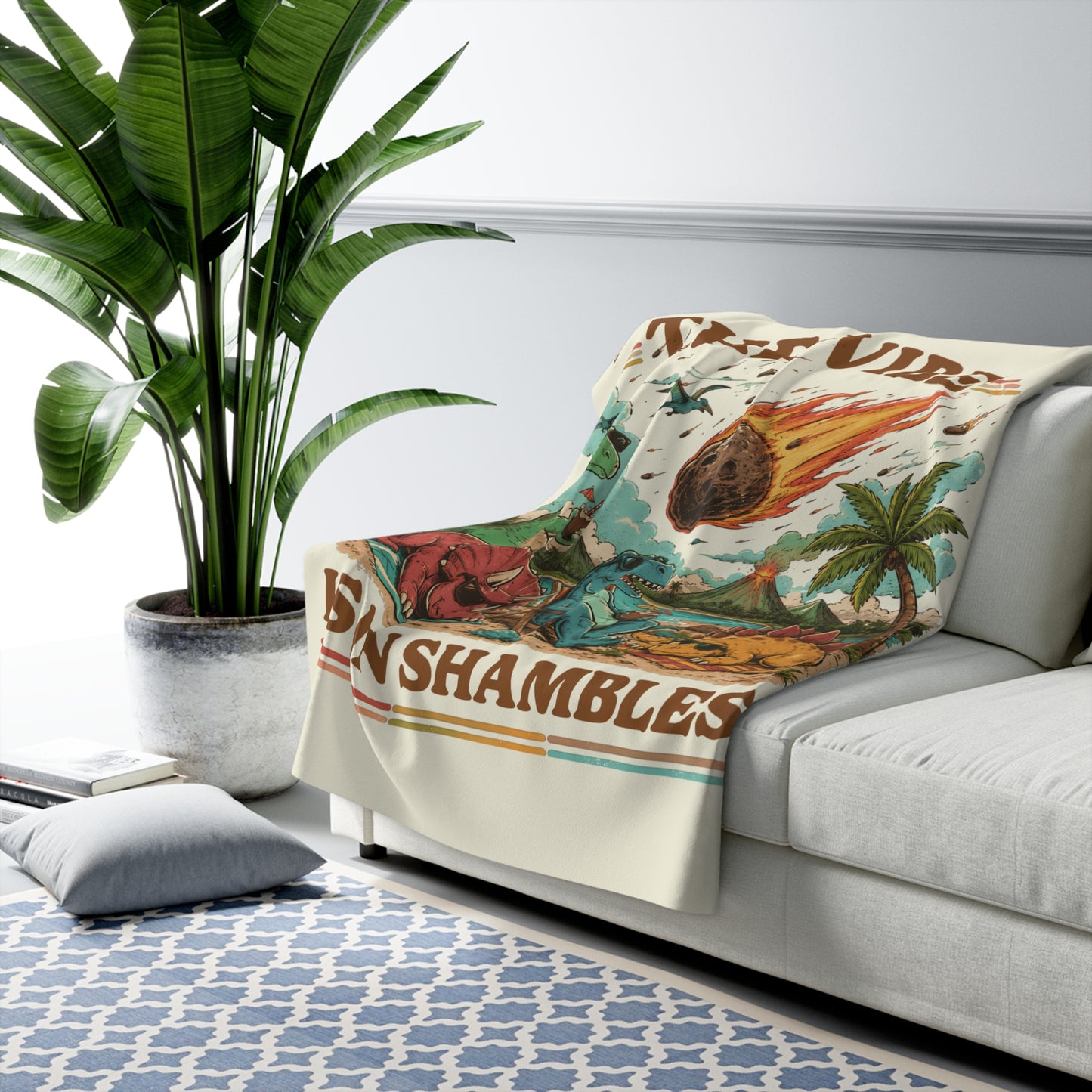Dinosaur Meteor Blanket- The Vibe Is In Shambles Sherpa Fleece Blanket