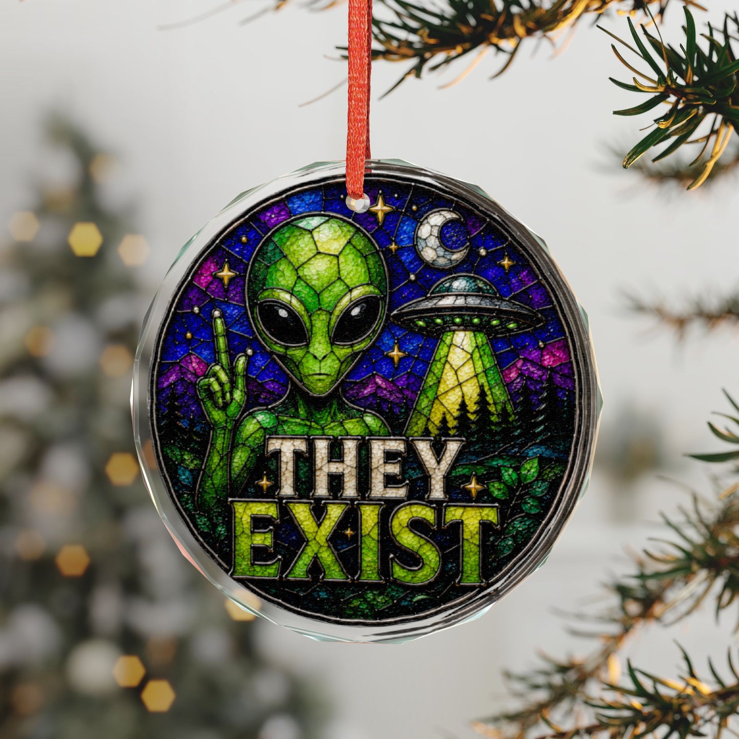 They exist! Glass Ornament - Stained-Glass Style Alien Holiday Decoration - Made with REAL GLASS