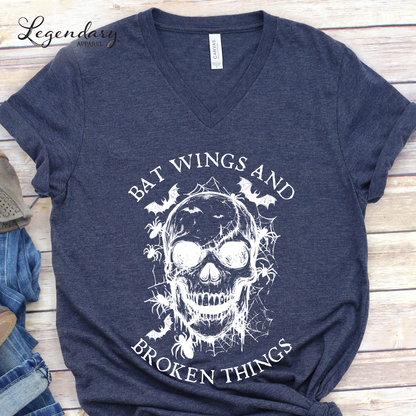Bat Wings and Broken Things Halloween Skull V-Neck Shirt
