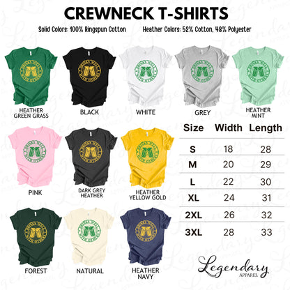 a collection of crew neck t-shirts in various solid colors and heather colors, along with their corresponding width and length measurements.