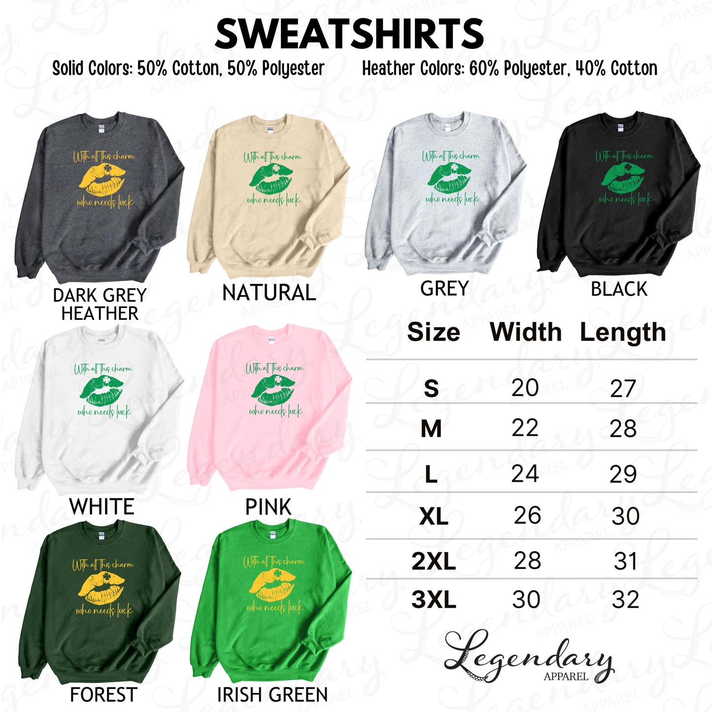 a collection of sweatshirts with various solid colors, cotton, and polyester materials, as well as different heather colors and widths.