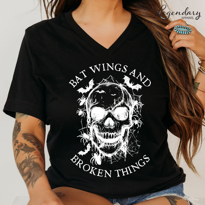 Bat Wings and Broken Things Halloween Skull V-Neck Shirt