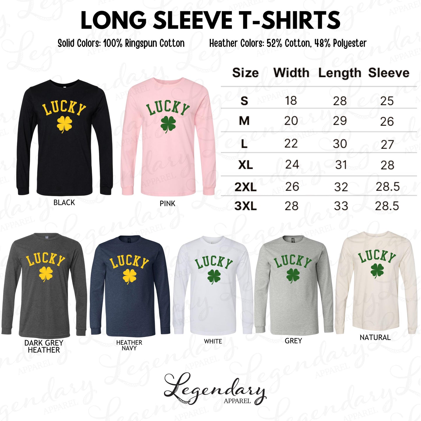 a collection of long sleeve t-shirts in various solid colors and heather colors, including black, pink, white, grey, and natural colors. The t-shirts are labeled with the word "Lucky" and come in different sizes, such as 18, 25, 28, and 28.5. The image also includes a size chart for the t-shirts, providing the corresponding width, length, and sleeve length for each size.