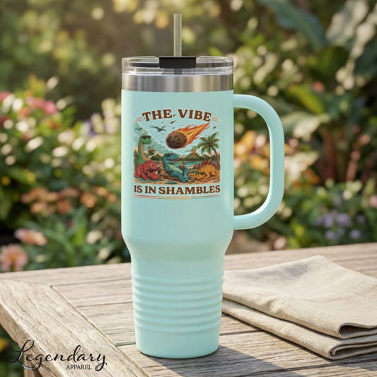 40oz Insulated Travel Mug — "The Vibe Is in Shambles" Tropical Beach Design