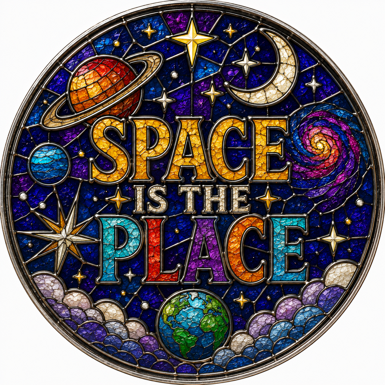 Space is the Place Glass Ornament - Stained-Glass Style Moon & Planets Holiday Decoration - Made with REAL GLASS