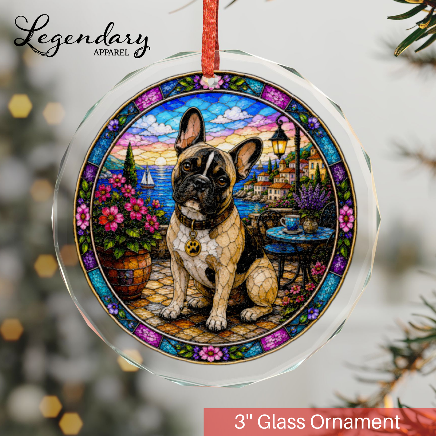 French Bulldog Glass Ornament - Stained-Glass Style French Bulldog Holiday Decoration - Made with REAL GLASS