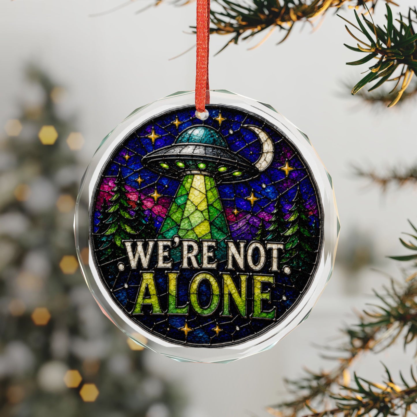 We're not alone Glass Ornament - Stained-Glass Style Alien Holiday Decoration - Made with REAL GLASS