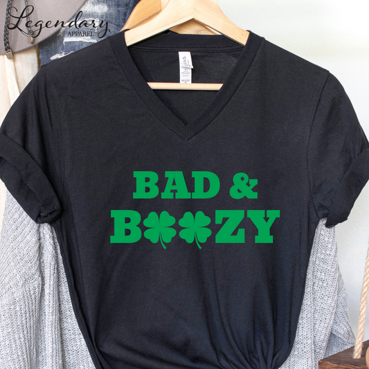 Bad and Boozy St Patricks Day V-Neck T-Shirt
