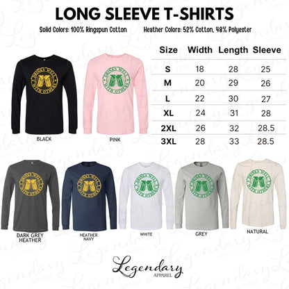 a collection of long sleeve t-shirts in various solid colors and heather colors, including black, pink, white, grey, and natural. The t-shirts are labeled with their respective sizes and widths, as well as the type of cotton used (100% cotton, 52% cotton, 48% polyester).