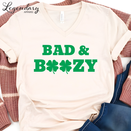 Bad and Boozy St Patricks Day V-Neck T-Shirt
