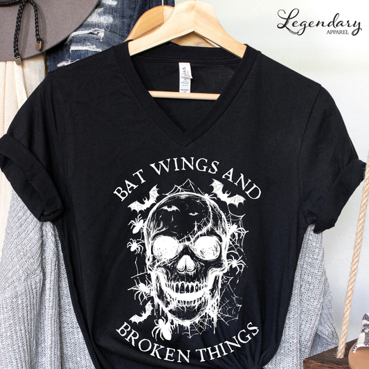 Bat Wings and Broken Things Halloween Skull V-Neck Shirt