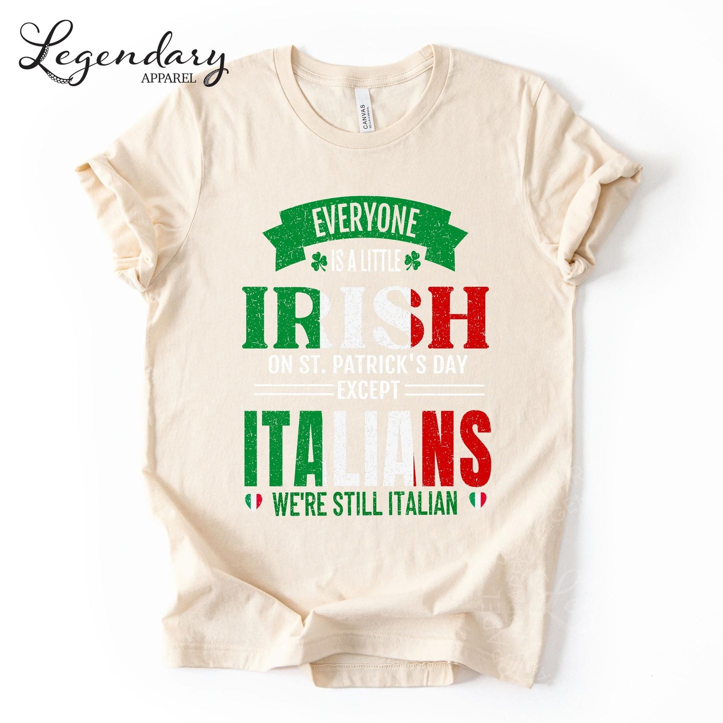 a beige t-shirt with a humorous text and graphics design related to Irish culture and traditions.