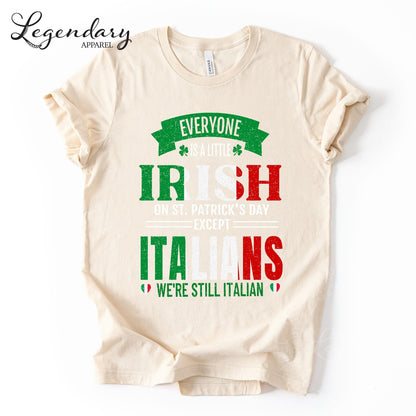 a beige t-shirt with a humorous text and graphics design related to Irish culture and traditions.
