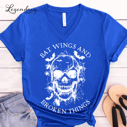 Bat Wings and Broken Things Halloween Skull V-Neck Shirt