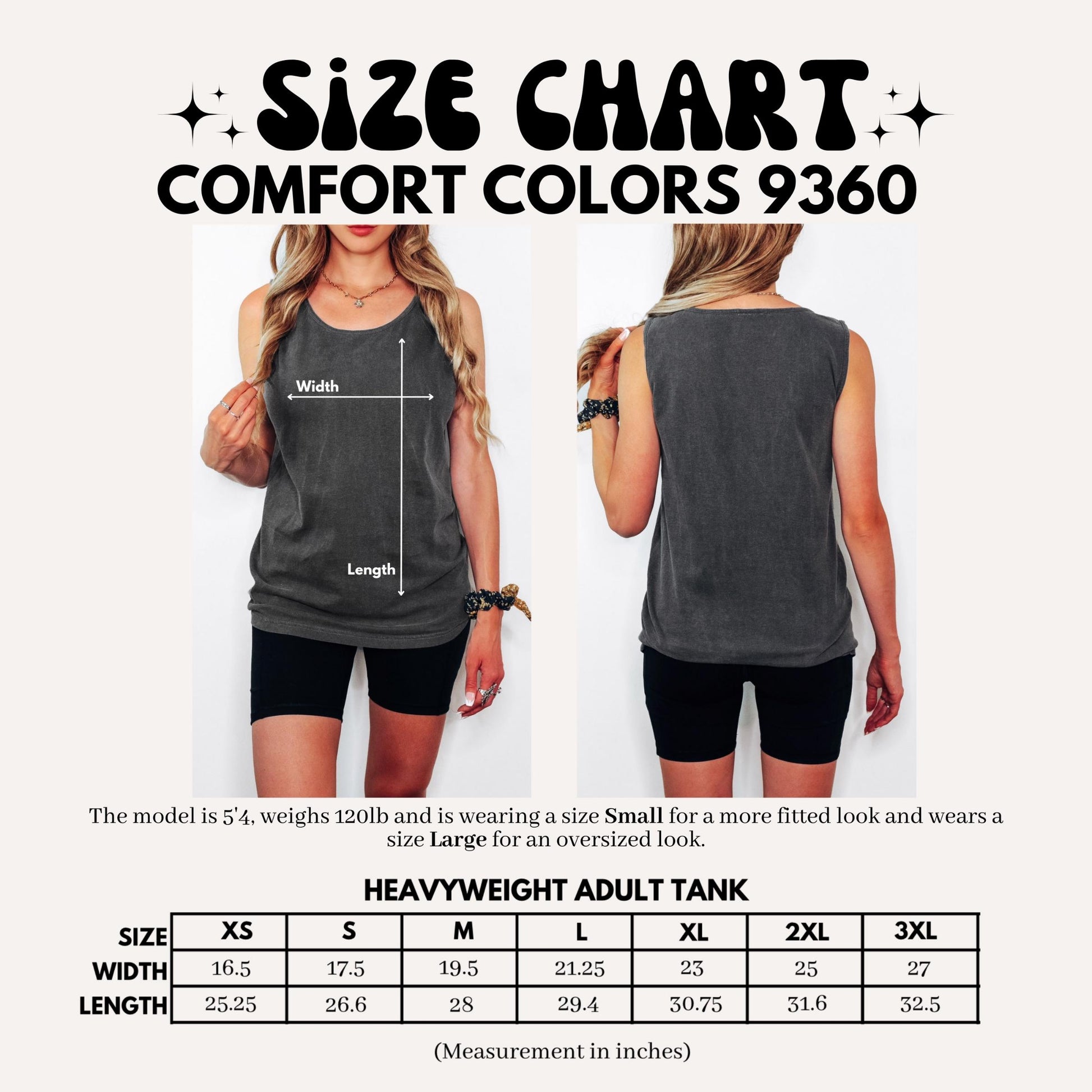The image is a size chart for a heavyweight adult tank top, showing the different sizes available in a range of widths and lengths.