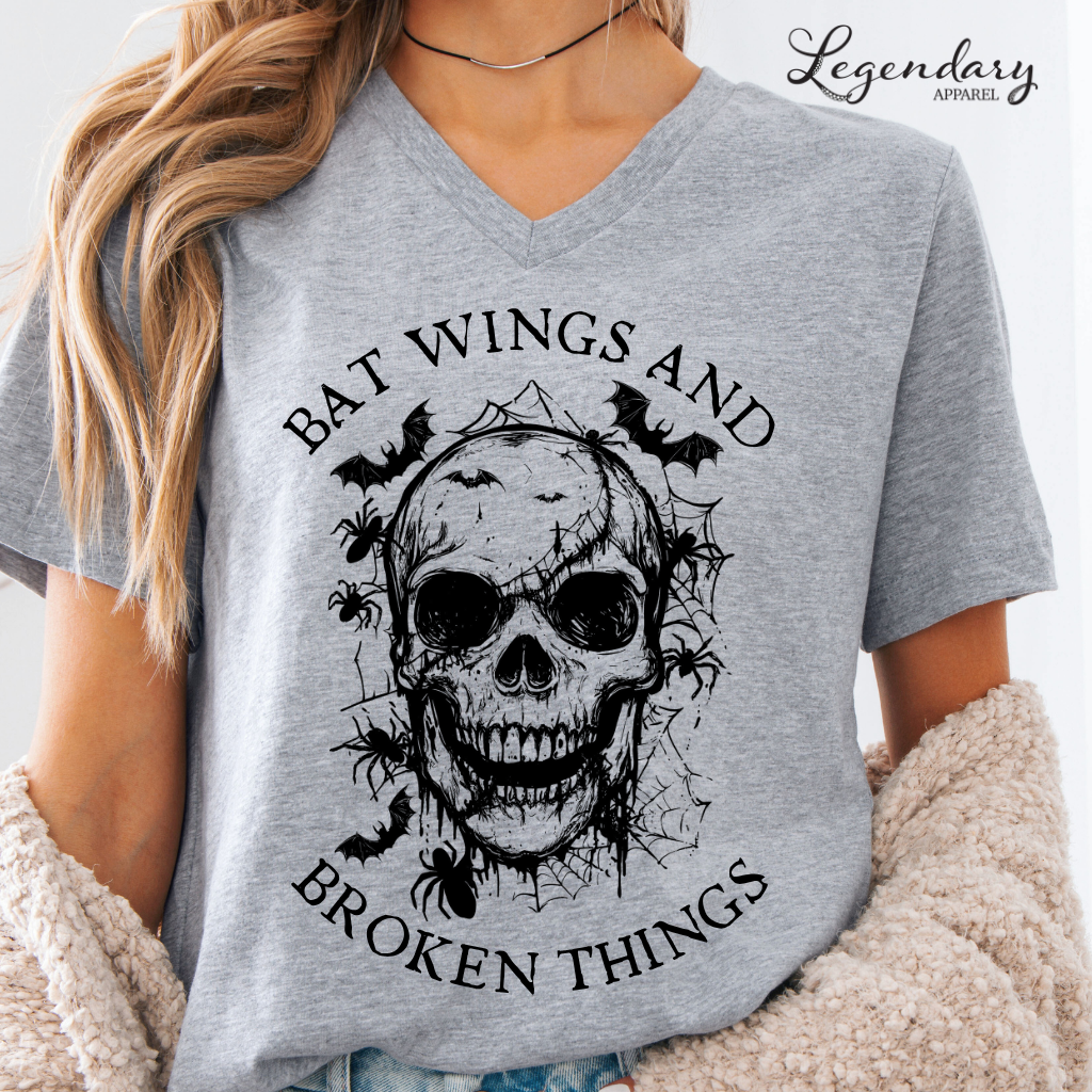 Bat Wings and Broken Things Halloween Skull V-Neck Shirt