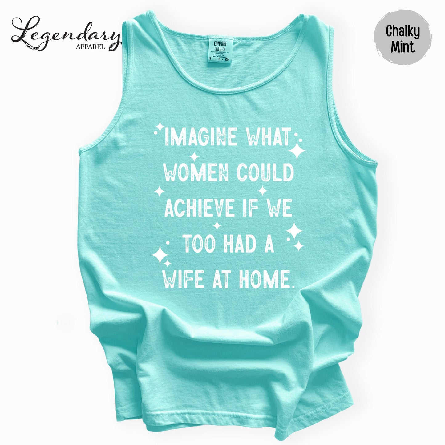 A turquoise tank top with white text printed on it.