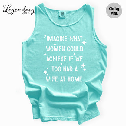 A turquoise tank top with white text printed on it.