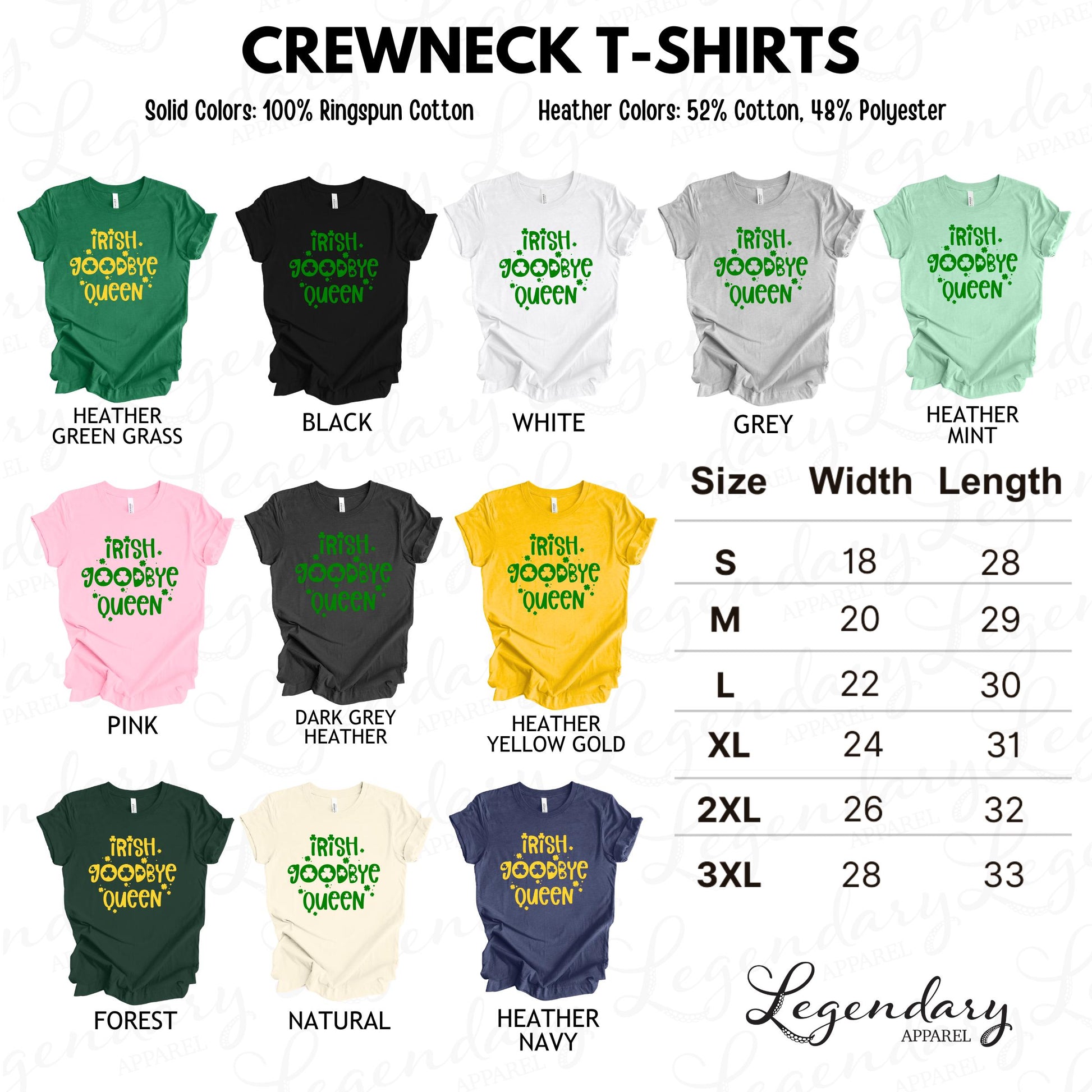 a collection of crew neck t-shirts in various solid colors and heather colors, along with their corresponding width and length measurements.