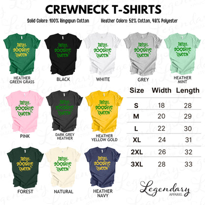 a collection of crew neck t-shirts in various solid colors and heather colors, along with their corresponding width and length measurements.
