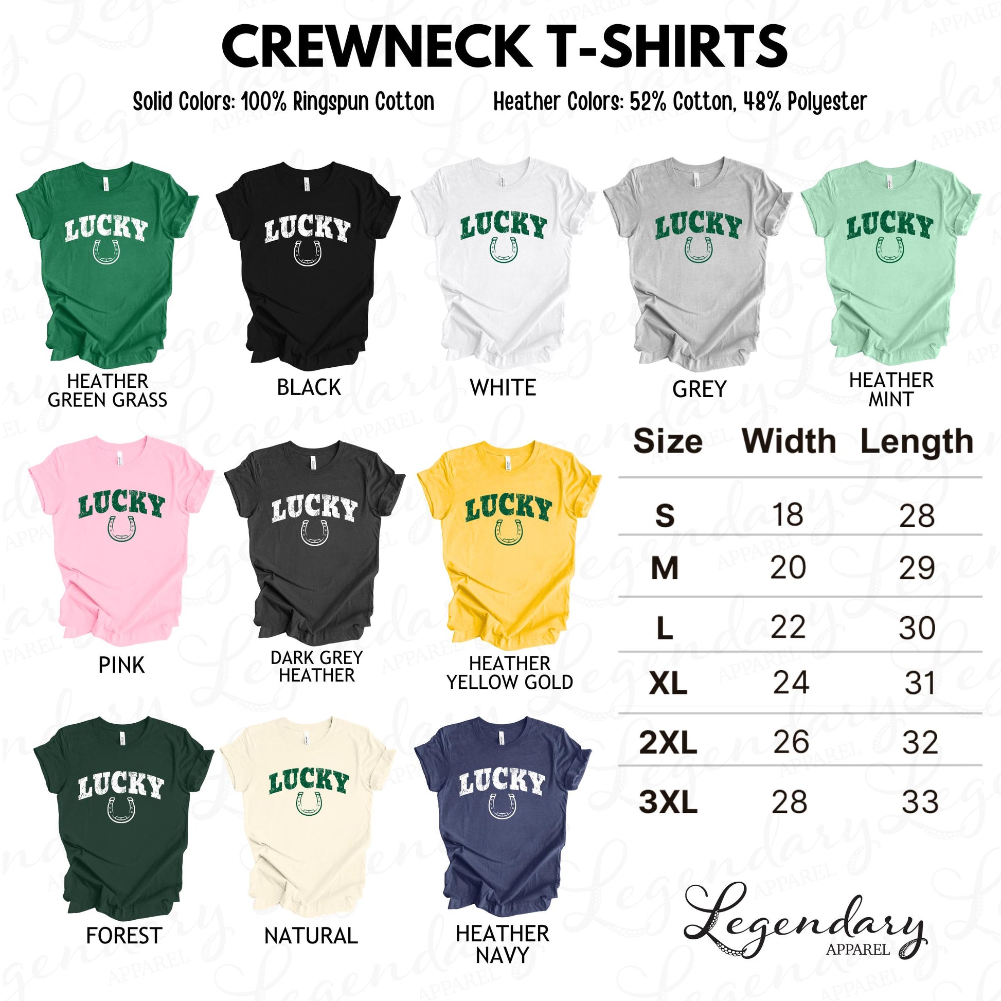 a collection of crew neck t-shirts in various solid colors, including green, black, white, grey, pink, dark grey, yellow gold, and navy blue. The t-shirts are arranged in a grid format, with each row representing a different color and size, and the columns representing the different styles of crew neck t-shirts. The image also includes a table with size and width length information for each t-shirt, providing a clear visual representation of the available options for customers.