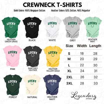 a collection of crew neck t-shirts in various solid colors, including green, black, white, grey, pink, dark grey, yellow gold, and navy blue. The t-shirts are arranged in a grid format, with each row representing a different color and size, and the columns representing the different styles of crew neck t-shirts. The image also includes a table with size and width length information for each t-shirt, providing a clear visual representation of the available options for customers.