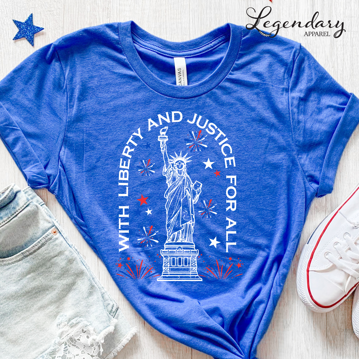 BLUE OF LIBERTY Tシャツ Statue of Liberty 4th of July T-Shirt With Liberty And Justice For