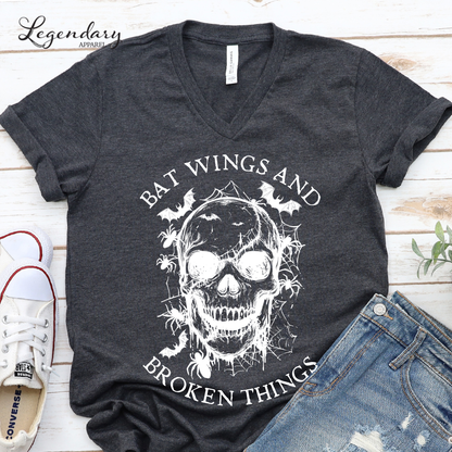 Bat Wings and Broken Things Halloween Skull V-Neck Shirt