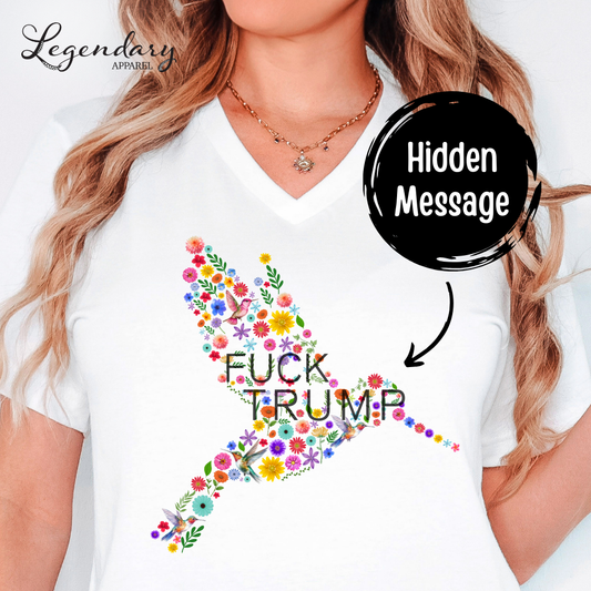 Subtle Anti Trump Floral Hummingbird V-Neck Shirt