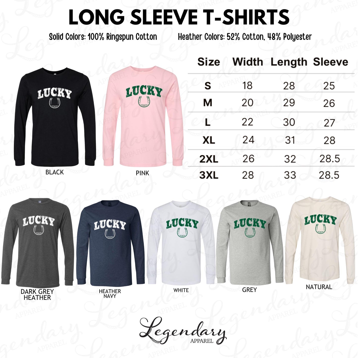 a collection of long sleeve t-shirts in various solid colors and heather colors, including black, pink, white, grey, and natural colors. The t-shirts are labeled with their respective sizes and widths, as well as the type of fabric used.