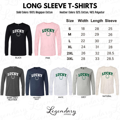 a collection of long sleeve t-shirts in various solid colors and heather colors, including black, pink, white, grey, and natural colors. The t-shirts are labeled with their respective sizes and widths, as well as the type of fabric used.