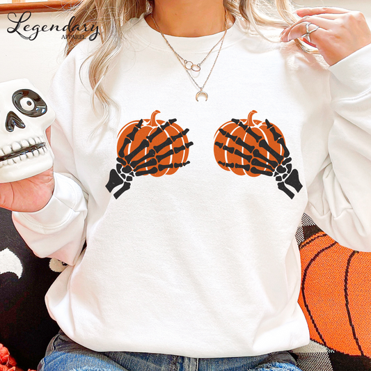 Skeleton Hands Pumpkin Boobs Halloween Sweatshirt