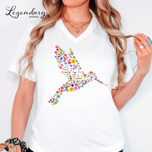 Subtle Anti Trump Floral Hummingbird V-Neck Shirt