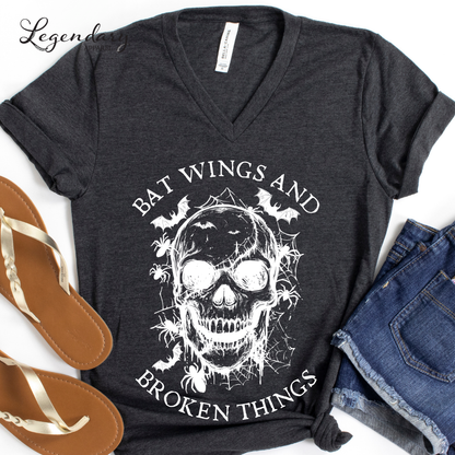 Bat Wings and Broken Things Halloween Skull V-Neck Shirt