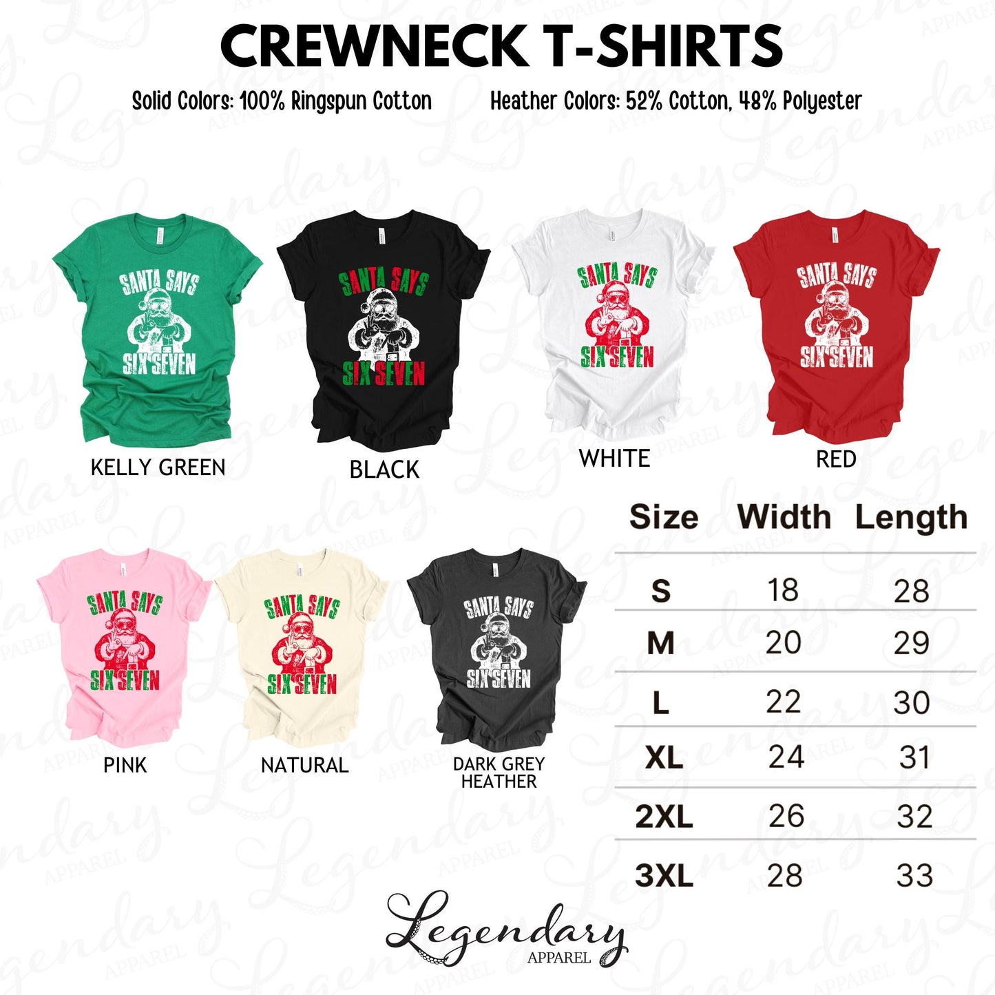 a collection of crew neck t-shirts in various solid colors and heather colors, along with size and width length information.