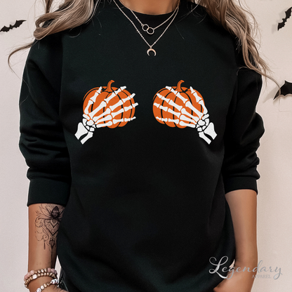 Skeleton Hands Pumpkin Boobs Halloween Sweatshirt