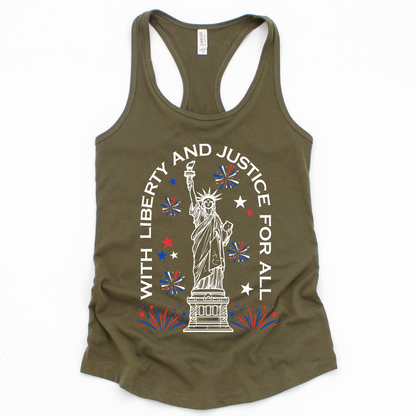 Statue of Liberty 4th of July Tank Top With Liberty And Justice For All
