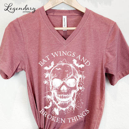 Bat Wings and Broken Things Halloween Skull V-Neck Shirt