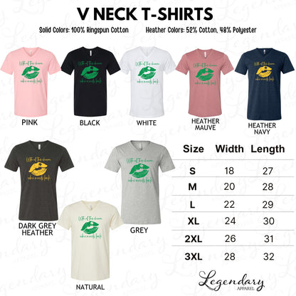 a collection of V neck t-shirts in various solid colors and heather colors, along with their corresponding sizes and widths.