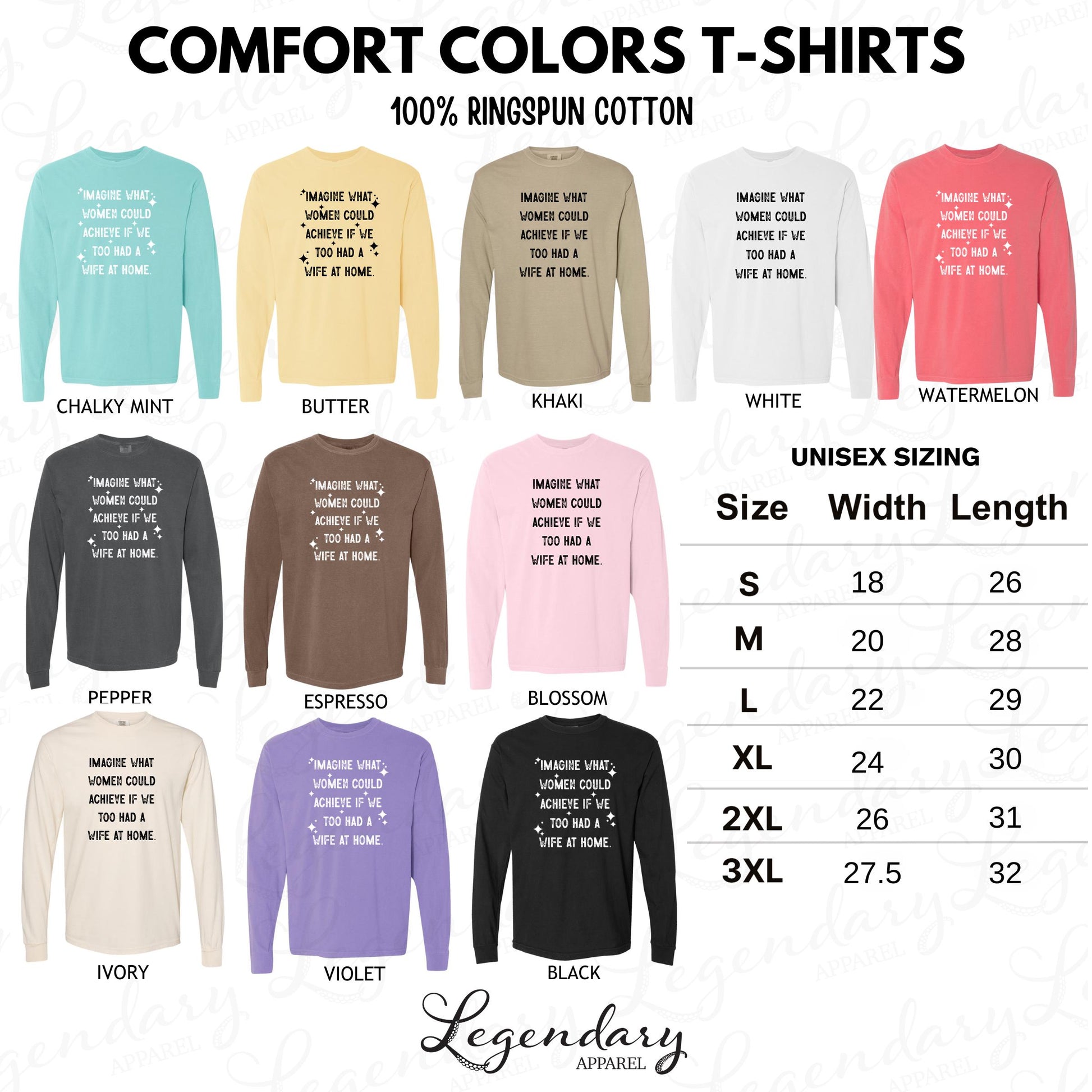 The image is a collage of various t-shirt designs, each with different colors and sizes, along with their corresponding descriptions.