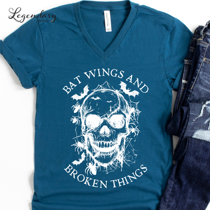 Bat Wings and Broken Things Halloween Skull V-Neck Shirt