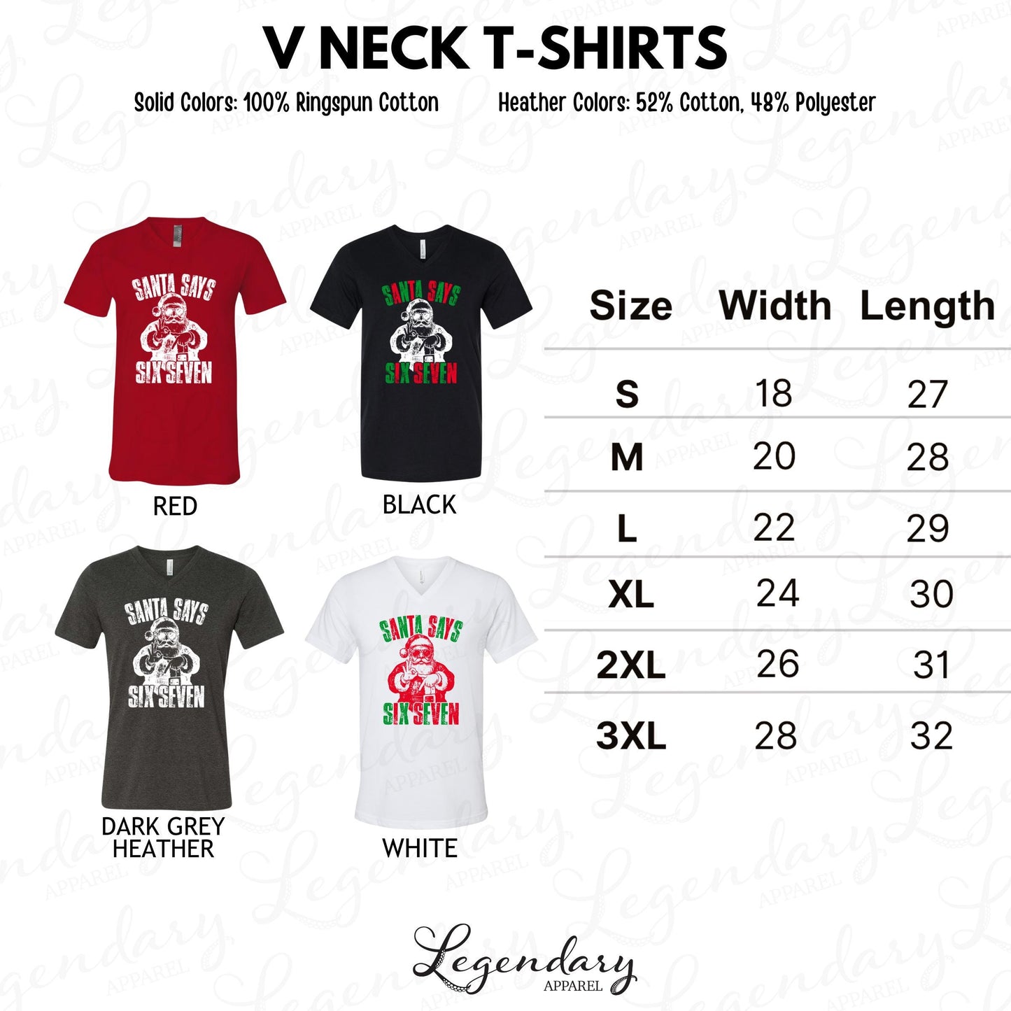 a collection of V neck t-shirts in various solid colors and heather colors, along with their corresponding width and length measurements.