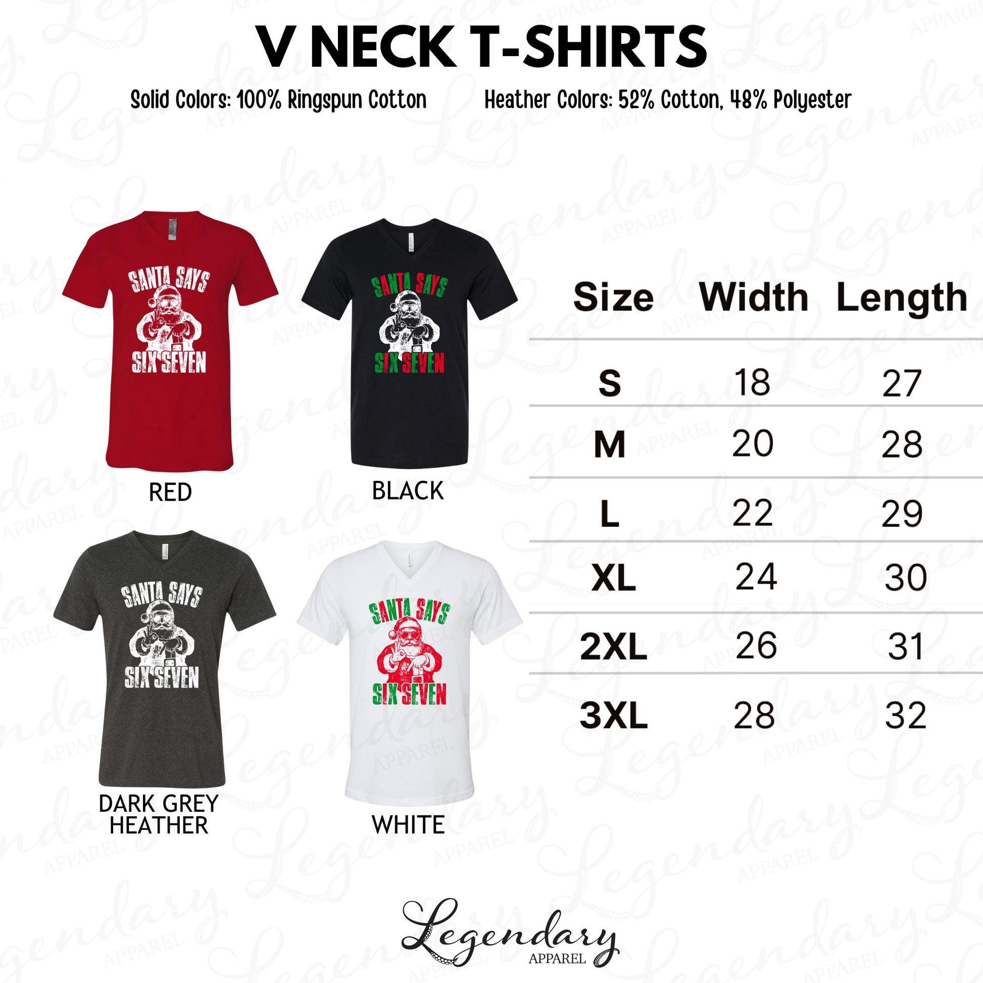 a collection of V neck t-shirts in various solid colors and heather colors, along with their corresponding width and length measurements.