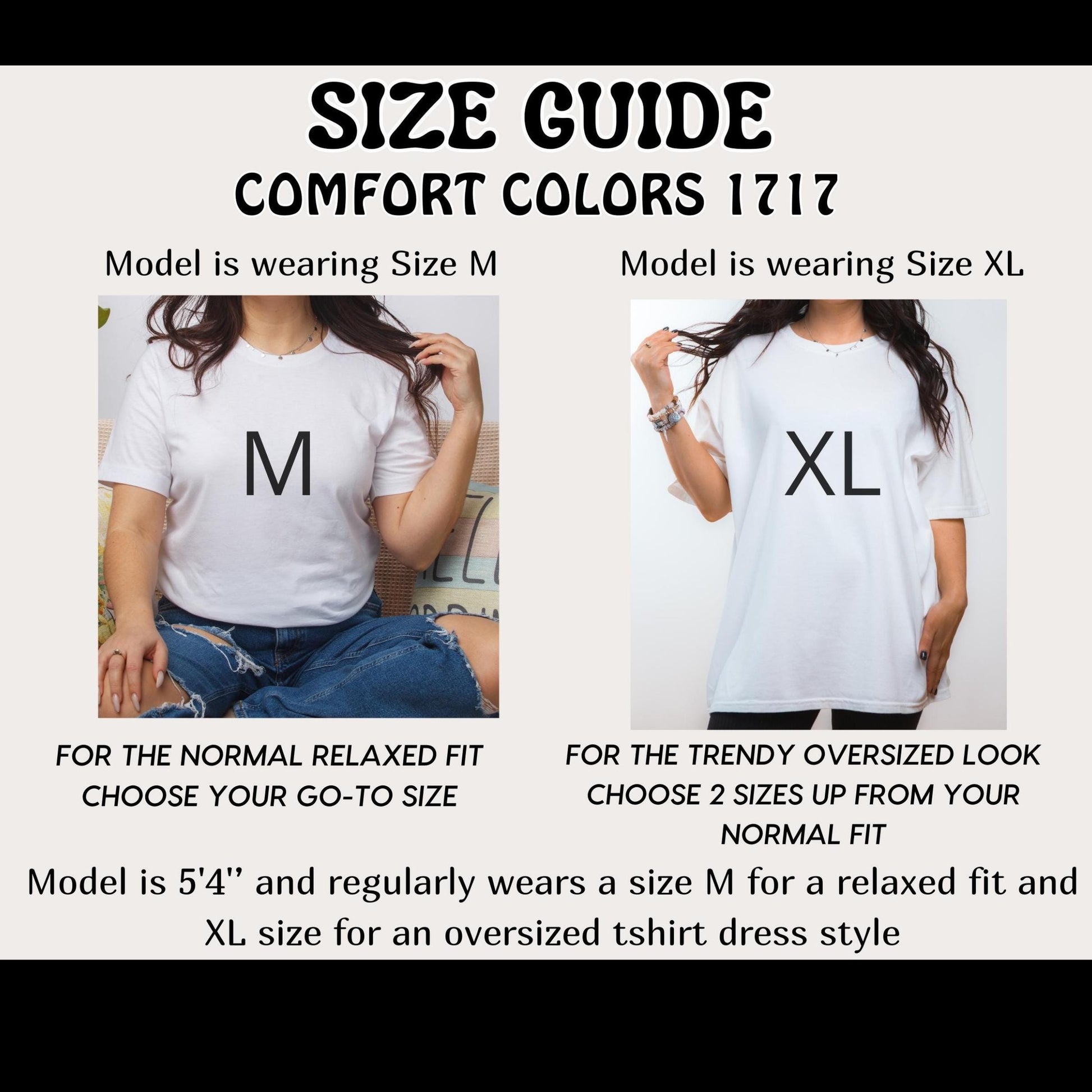 The image is a size guide for a model wearing a white t-shirt, providing information about the sizes M and XL for different styles of t-shirts.